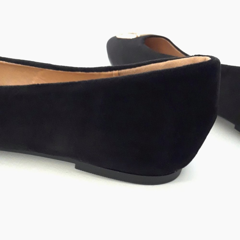 Black Velvet Rhinestone Buckle Pointed Toe Ballet Flats - Picture 9 of 15